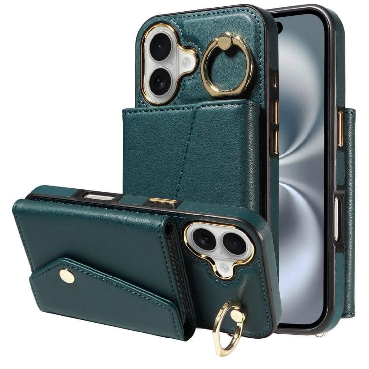 For iPhone 16 Diagonal Crossbody Ring Organ Wallet Leather Back Phone Case(Dark Green) - Immagine 1