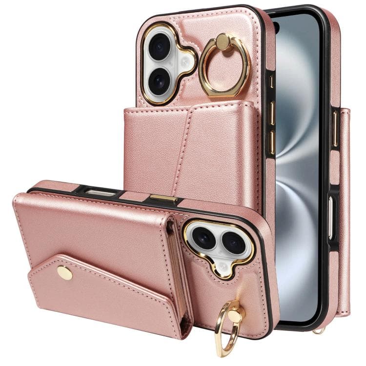 For iPhone 16 Diagonal Crossbody Ring Organ Wallet Leather Back Phone Case(Rose Gold) - Immagine 1