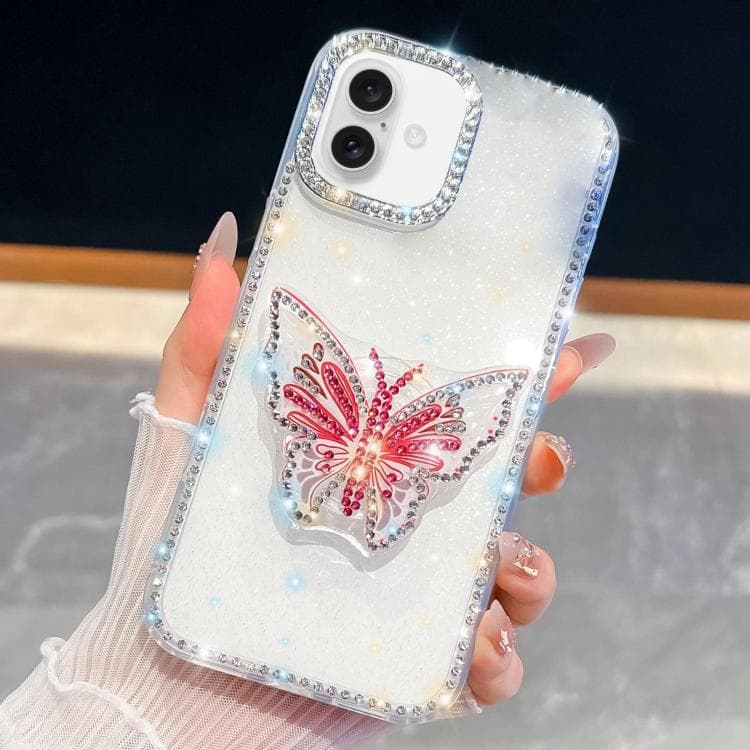 For iPhone 16 Diamond Glitter Butterfly Holder Phone Case(White) - Immagine 1