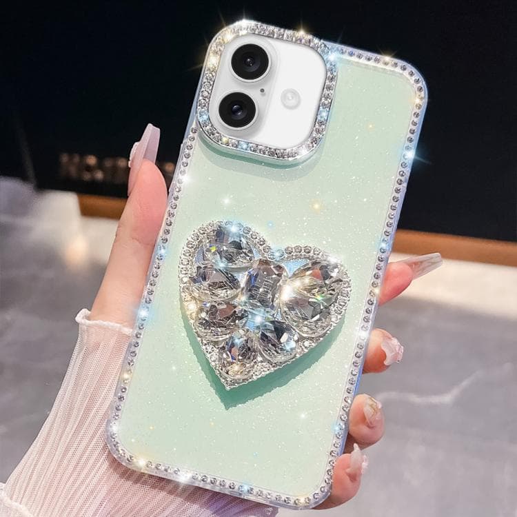 For iPhone 16 Diamond Glitter Gemstone Heart Holder Phone Case(Light Green) - Immagine 1