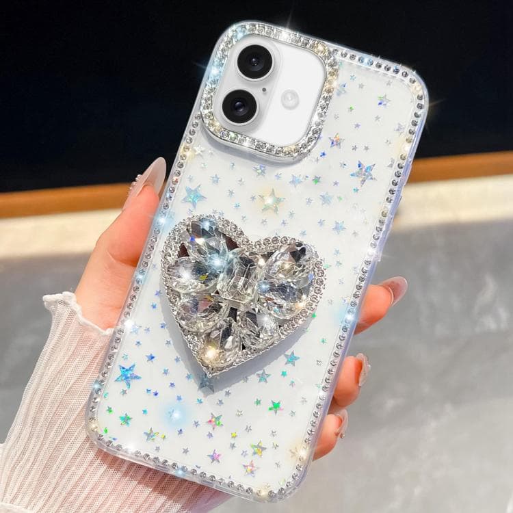 For iPhone 16 Diamond Glitter Gemstone Heart Holder Phone Case(Transparent Stars) - Immagine 1