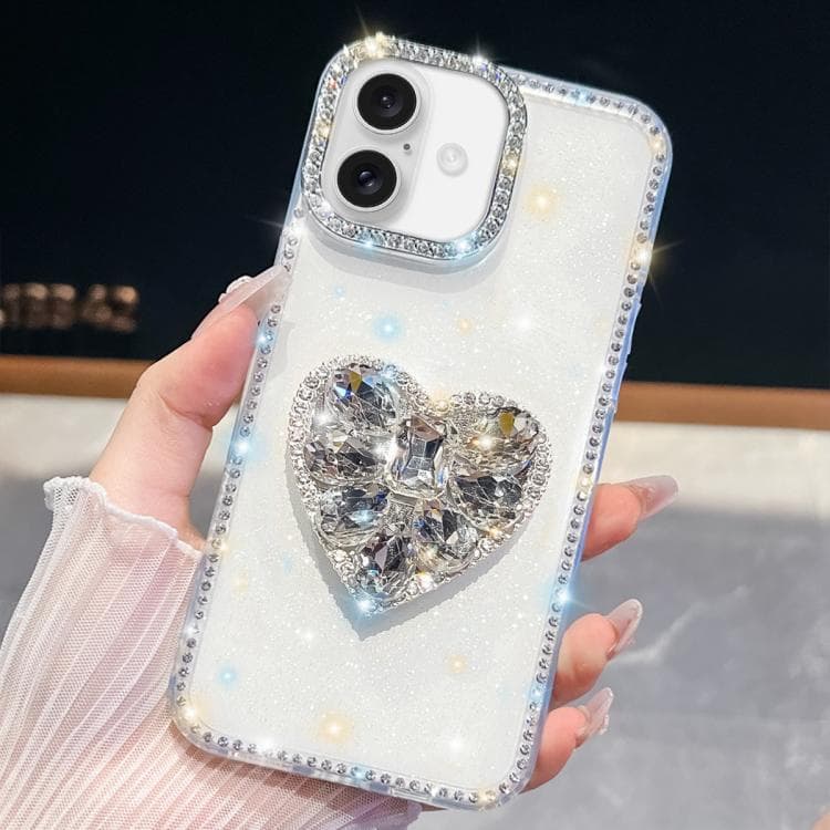 For iPhone 16 Diamond Glitter Gemstone Heart Holder Phone Case(White) - Immagine 1
