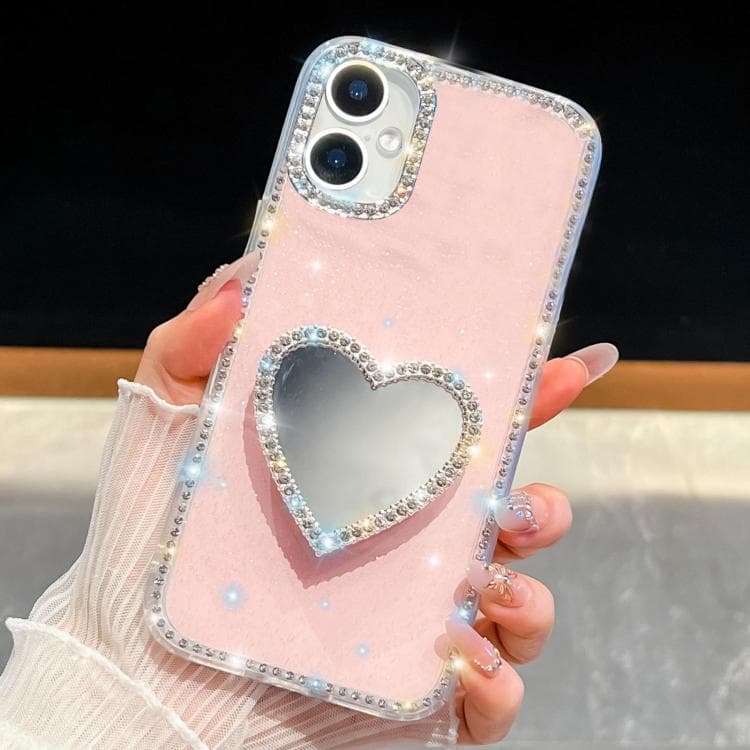 For iPhone 16 Diamond Glitter Mirror Heart Holder Phone Case(Light Pink) - Immagine 1
