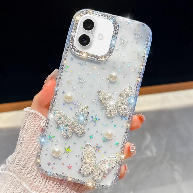 For iPhone 16 Diamond Glitter Pearl Butterfly Four-Corner Shockproof Phone Case(Transparent Stars) - Immagine 1