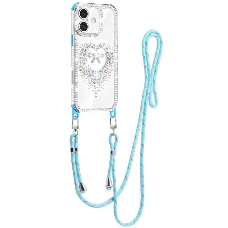 For iPhone 16 Diamond Heart Bow PC Hybrid TPU Airbag Phone Case with Lanyard(Blue) - Immagine 1