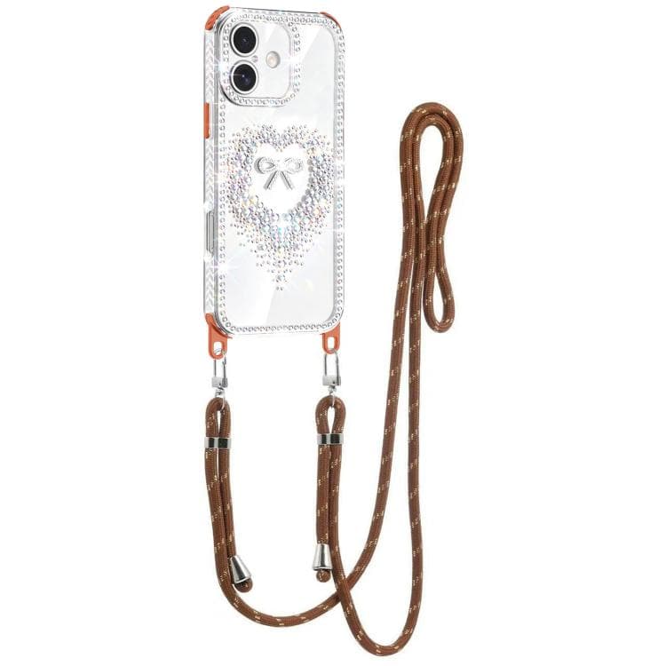 For iPhone 16 Diamond Heart Bow PC Hybrid TPU Airbag Phone Case with Lanyard(Orange) - Immagine 1