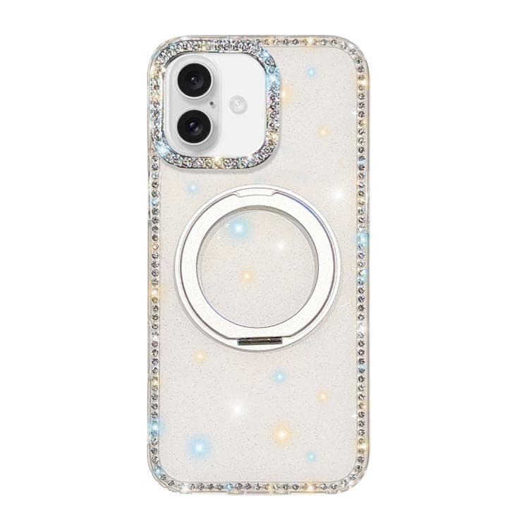 For iPhone 16 Diamond IMD 360 Rotation Magnetic Metal Holder Phone Case(Glitter White) - Immagine 1