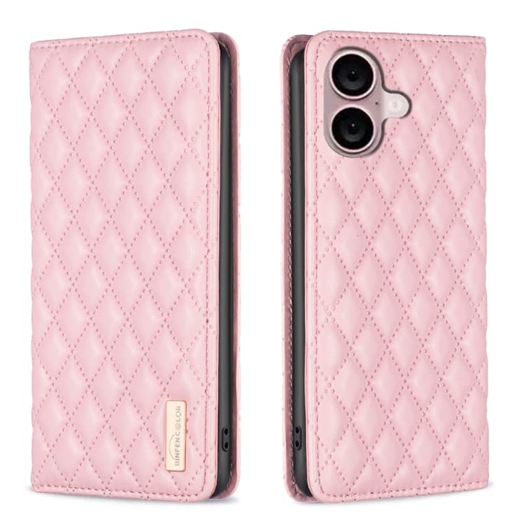 For iPhone 16 Diamond Lattice Magnetic Leather Flip Phone Case(Pink) - Immagine 1