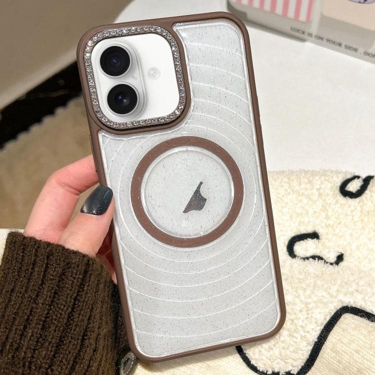 For iPhone 16 Diamond Lens Frame MagSafe Wave Texture Clear Phone Case(Brown) - Immagine 1