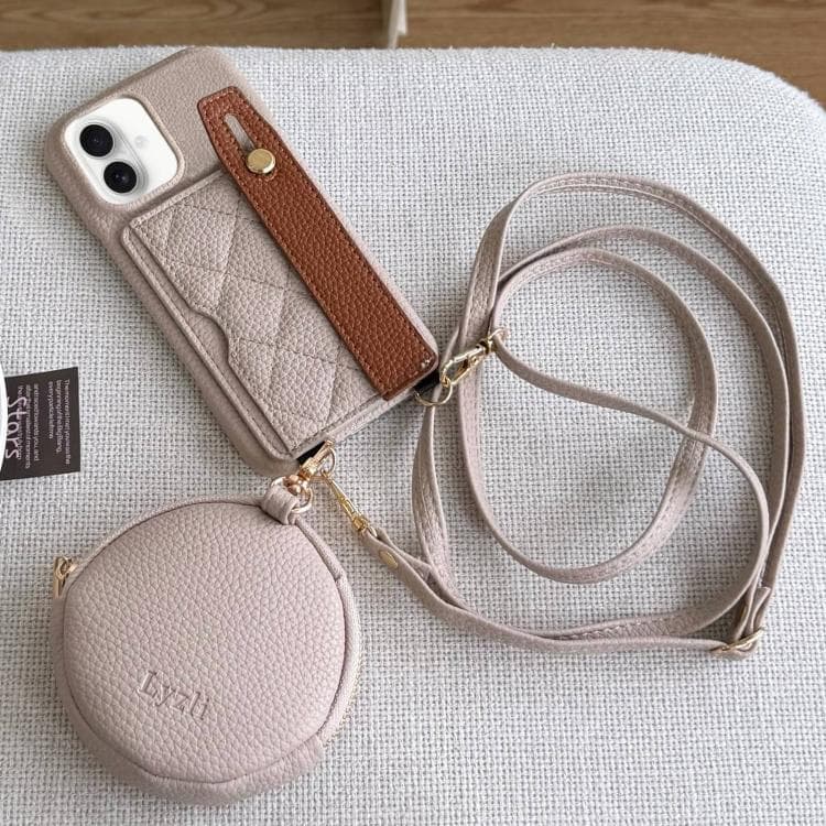 For iPhone 16 Diamond Pattern Wristband Card Slot PU Phone Case with Small Wallet(Light Brown) - Immagine 1