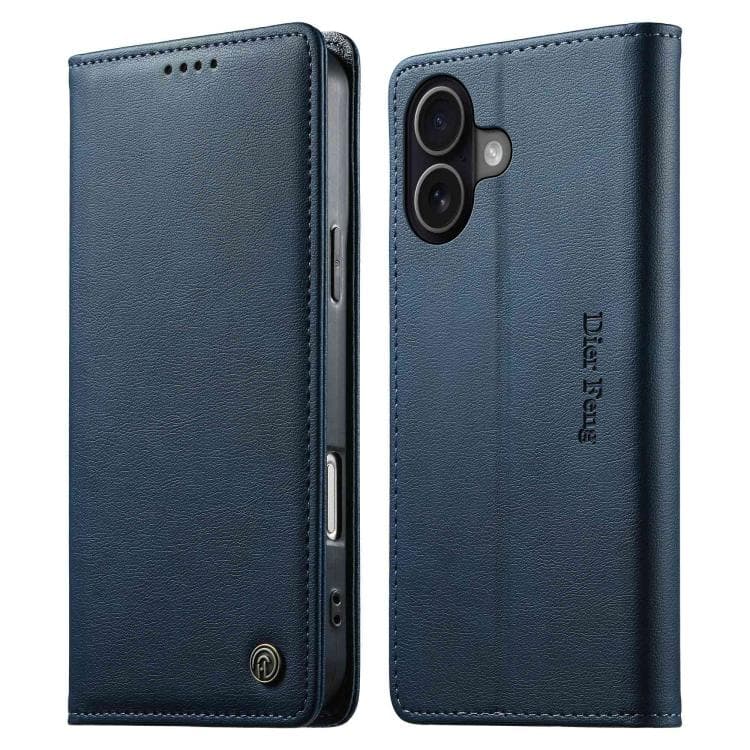 For iPhone 16 Dierfeng Metal Snap Magnetic RFID Vegan Leather Phone Case(Blue) - Immagine 1