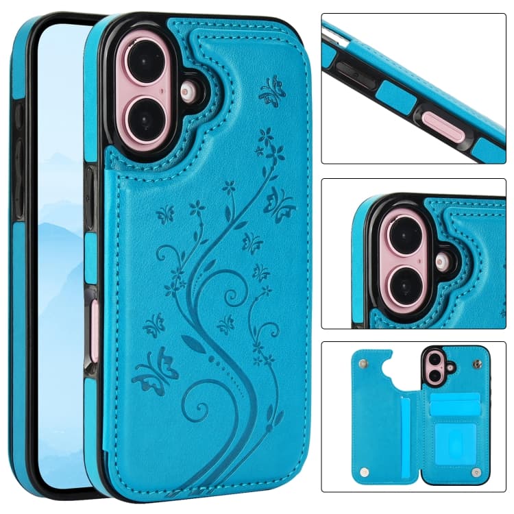 For iPhone 16 Double Buckle Butterfly Embossing PU Phone Case(Blue) - Immagine 1
