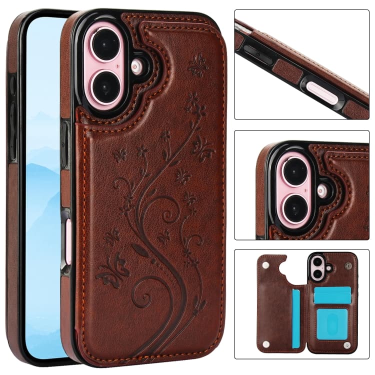 For iPhone 16 Double Buckle Butterfly Embossing PU Phone Case(Brown) - Immagine 1