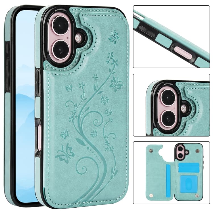 For iPhone 16 Double Buckle Butterfly Embossing PU Phone Case(Green) - Immagine 1