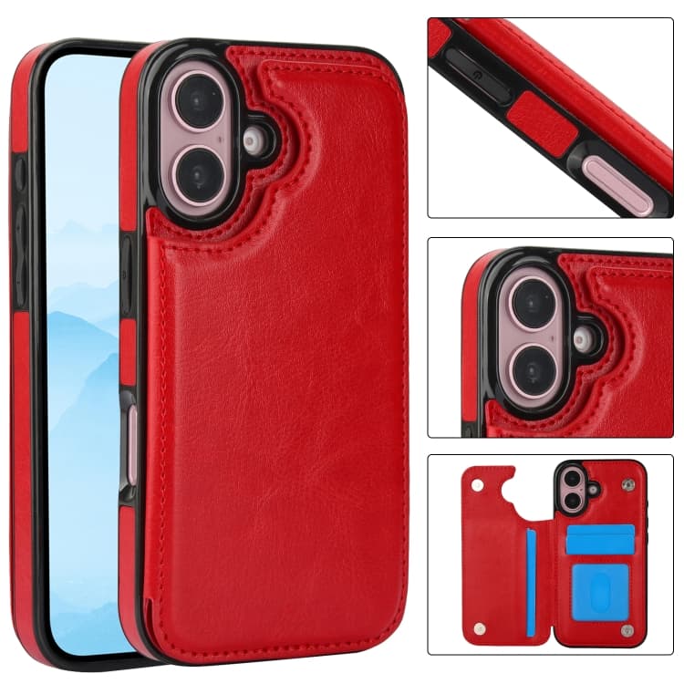 For iPhone 16 Double Buckle Crazy Horse Texture PU Phone Case(Red) - Immagine 1
