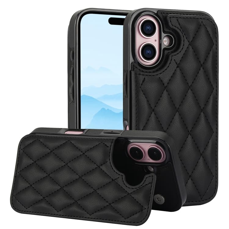 For iPhone 16 Double Buckle Rhombic PU Leather Phone Case(Black) - Immagine 1