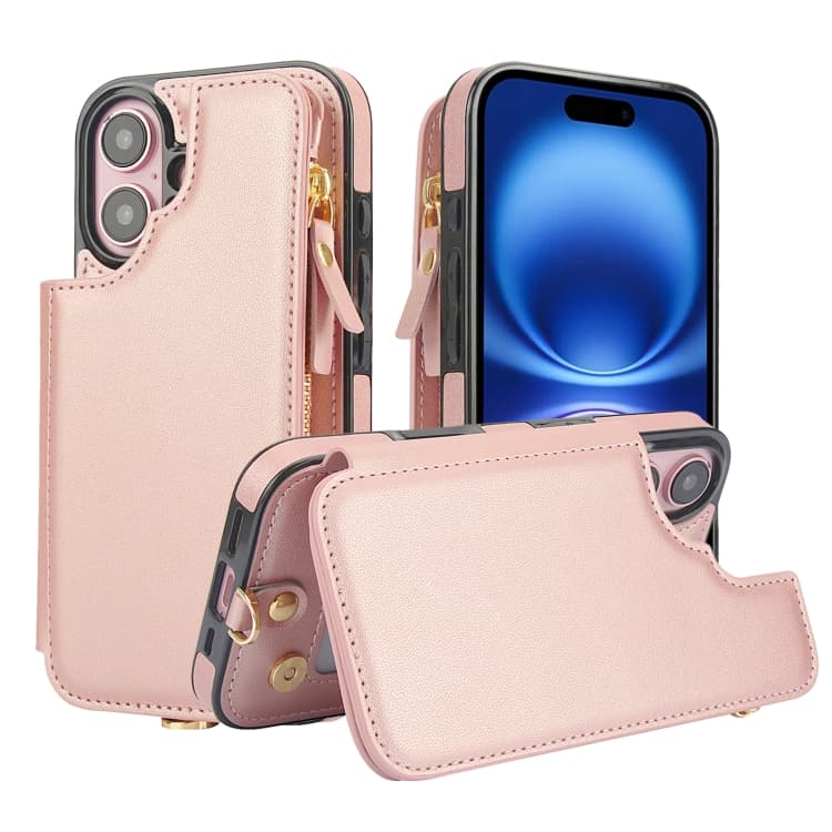 For iPhone 16 Double Flap Zipper RFID Leather Phone Case with Short Lanyard(Rose Gold) - Immagine 1