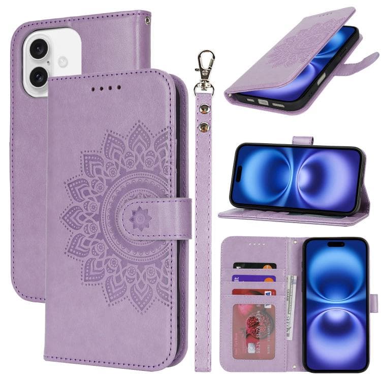 For iPhone 16 Double Fold Printed Embossing Leather Phone Case(Purple) - Immagine 1