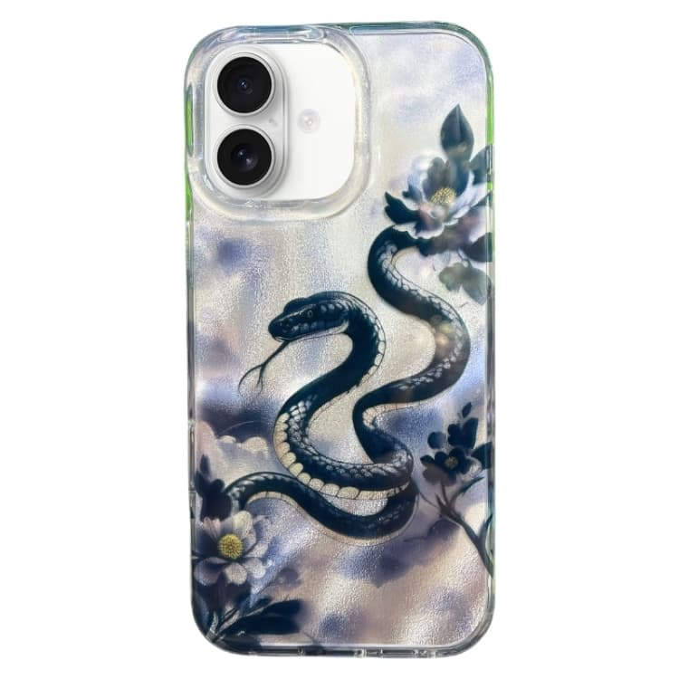 Custodia per iPhone 16 a doppio strato con motivo IMD (Nuovo serpente floreale cinese nero) - Immagine 1