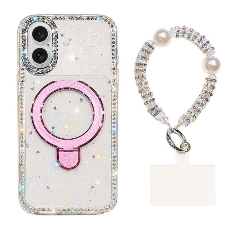 For iPhone 16 Double-Sided IMD Rhinestone Magnetic Holder Shockproof Phone Case With Bracelet(Glitter Little Star) - Immagine 1