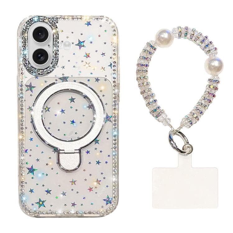 For iPhone 16 Double-Sided IMD Rhinestone Magnetic Holder Shockproof Phone Case With Bracelet(Transparent Stars) - Immagine 1