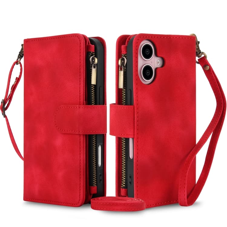 For iPhone 16 Dream 9-Card Zipper Wallet RFID Leather Phone Case with Lanyard(Red) - Immagine 1
