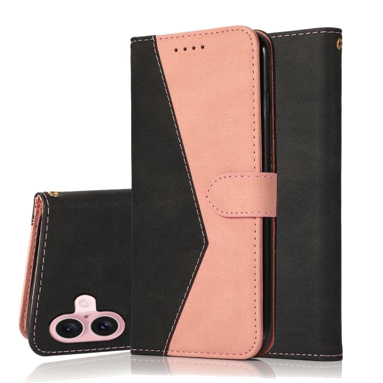 For iPhone 16 Dual-color Stitching Leather Phone Case(Black Rose Gold) - Immagine 1