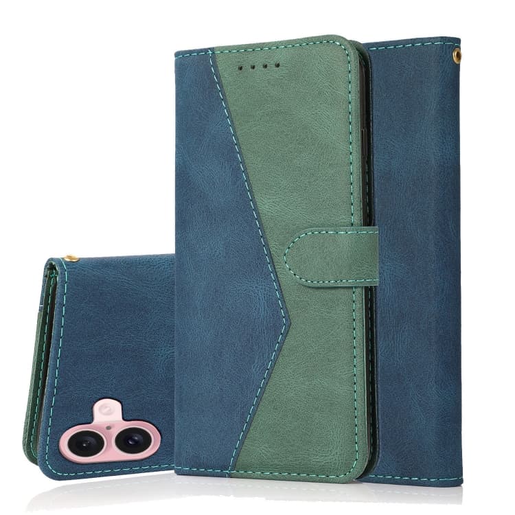 For iPhone 16 Dual-color Stitching Leather Phone Case(Blue Green) - Immagine 1