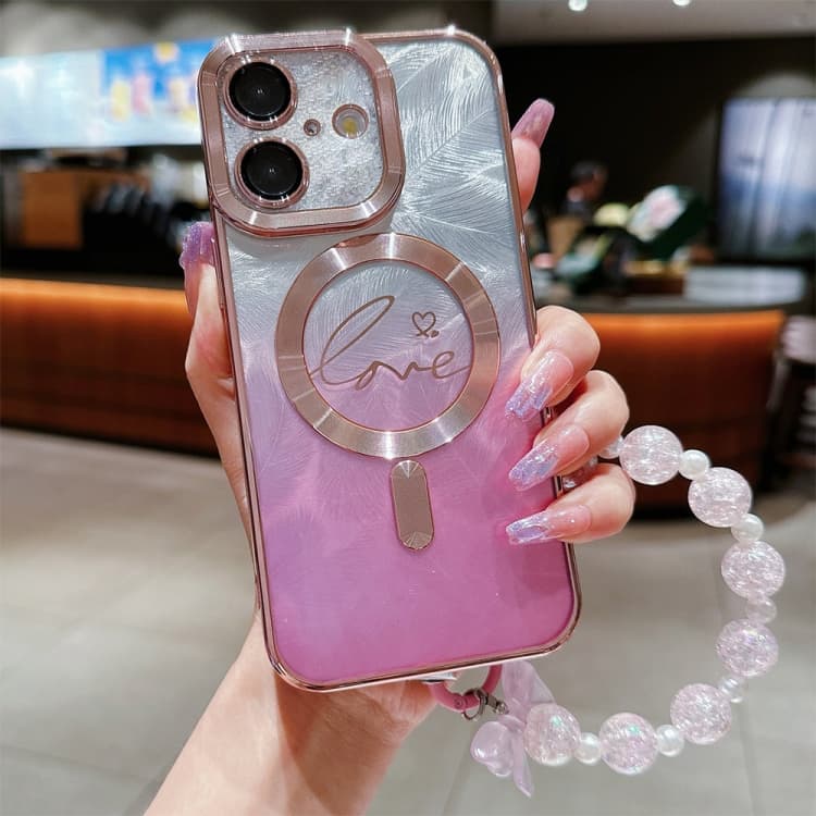 For iPhone 16 Dual-Love Feather Gradient Glitter Bracelets Magsafe TPU Phone Case(Pink) - Immagine 1