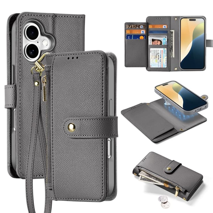 For iPhone 16 DUX DUCIS Lawa Series 2 in 1 Wallet Zipper Detachable MagSafe Phone Case with Lanyard(Grey) - Immagine 1