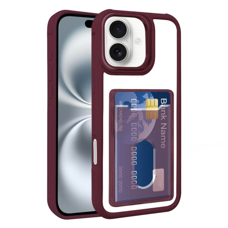 For iPhone 16 Electroplated Card Bag Acrylic Hybrid TPU Phone Case(Wine Red) - Immagine 1