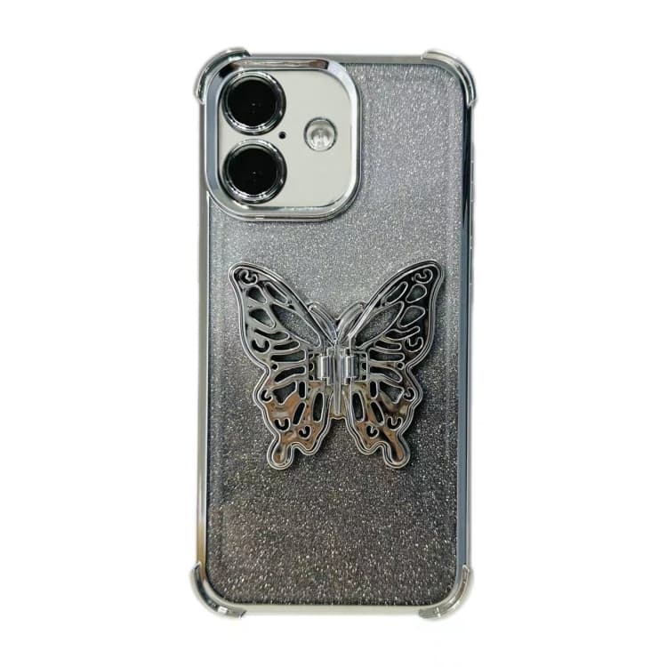 For iPhone 16 Electroplated Glitter 3D Butterfly Four-corner Shockproof TPU Phone Case(Gradient Silver) - Immagine 1