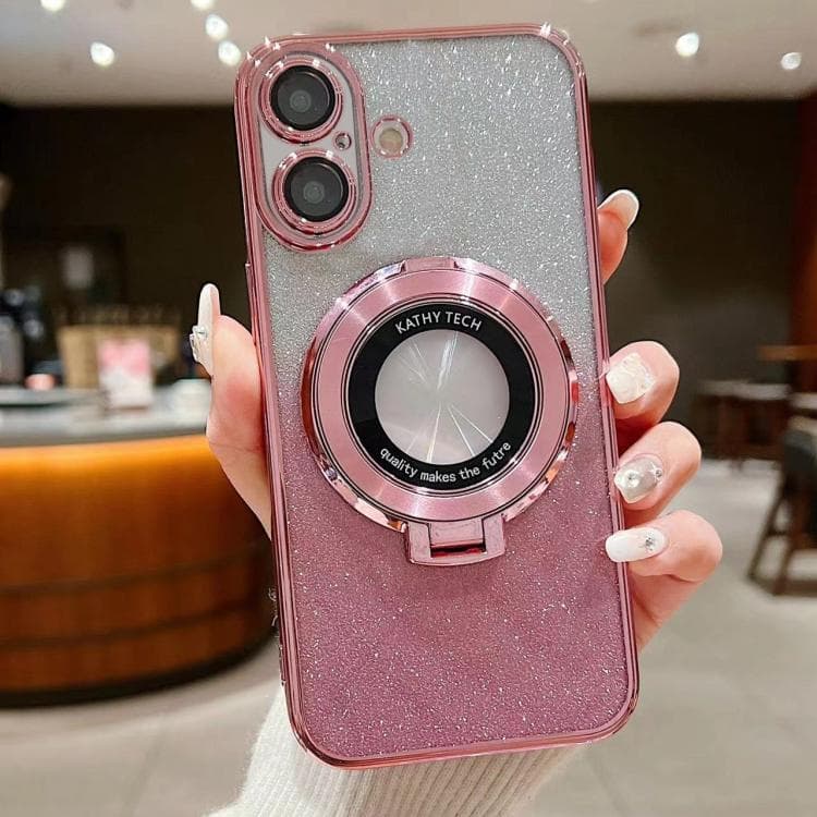 For iPhone 16 Electroplated Holder Gradient Glitter MagSafe Phone Case(Pink) - Immagine 1
