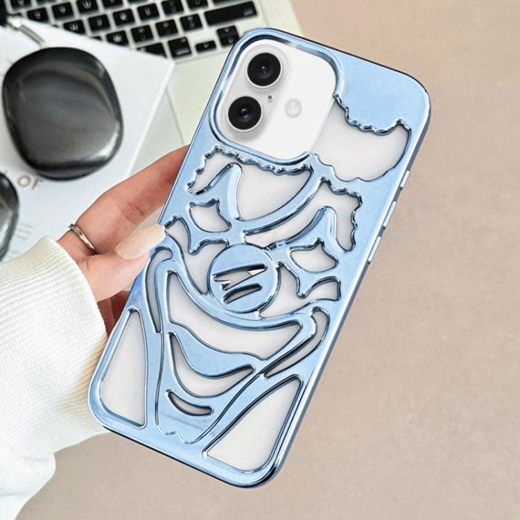 For iPhone 16 Electroplated Hollow Out Clown Heat Dissipation TPU Phone Case(Blue) - Immagine 1