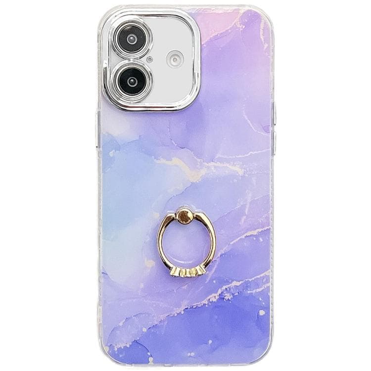 For iPhone 16 Electroplated Marble Texture Ring Holder Phone Case(Blue Purple S10) - Immagine 1