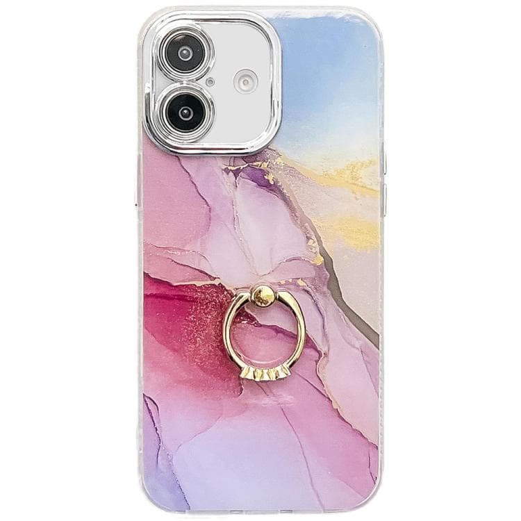 For iPhone 16 Electroplated Marble Texture Ring Holder Phone Case(Gold Pink Red S12) - Immagine 1
