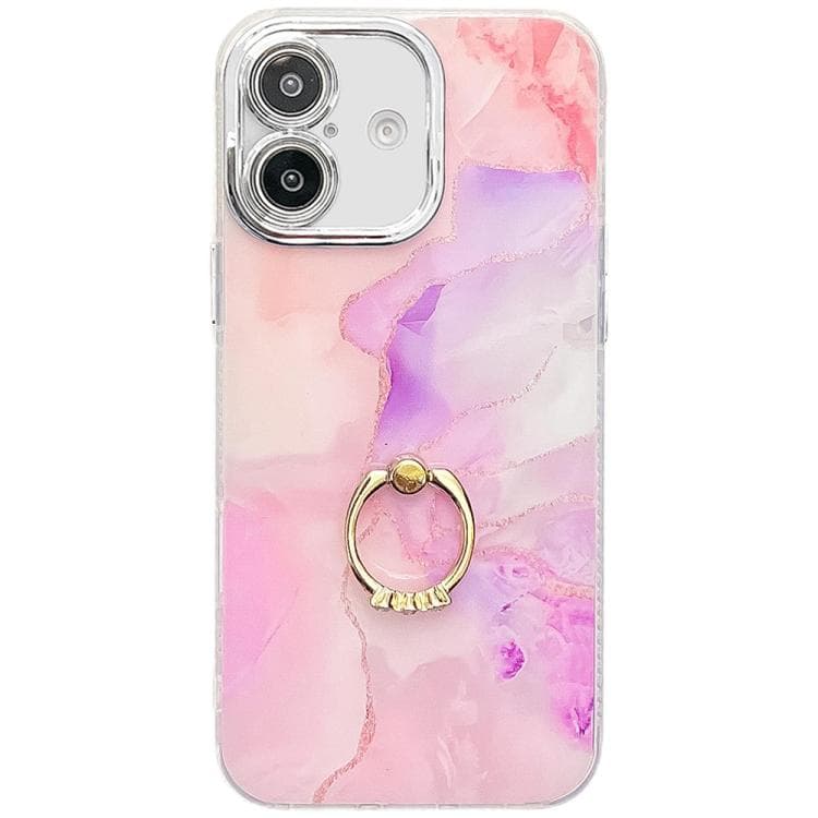For iPhone 16 Electroplated Marble Texture Ring Holder Phone Case(Pink Purple S4) - Immagine 1