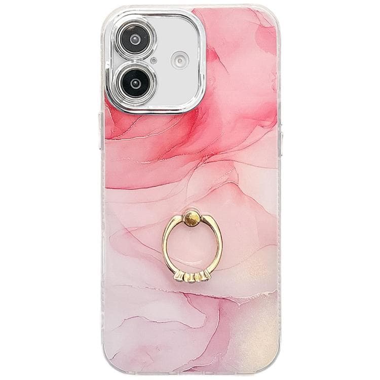 For iPhone 16 Electroplated Marble Texture Ring Holder Phone Case(Pink S2) - Immagine 1