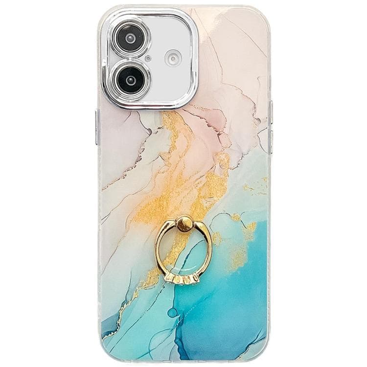 For iPhone 16 Electroplated Marble Texture Ring Holder Phone Case(Yellow Green S13) - Immagine 1