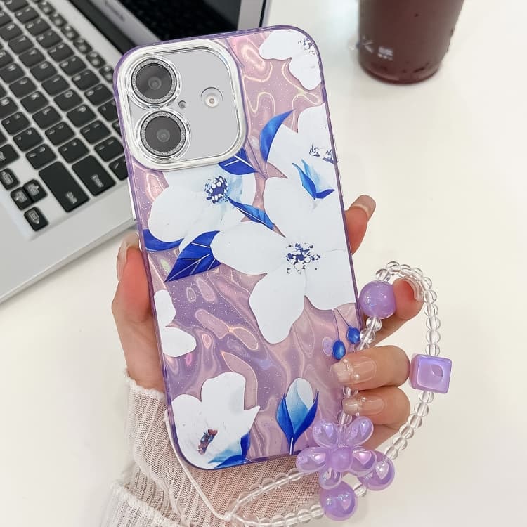 For iPhone 16 Electroplating Flowers Plants Texture Wristband TPU Phone Case(Bougainvillea FL8) - Immagine 1