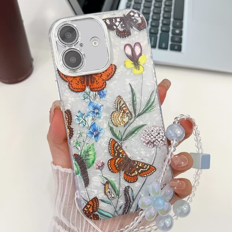 For iPhone 16 Electroplating Flowers Plants Texture Wristband TPU Phone Case(Butterfly Love Flower FL17) - Immagine 1