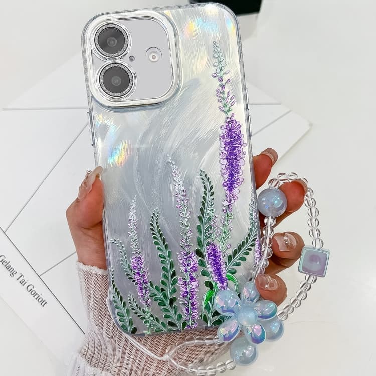 For iPhone 16 Electroplating Flowers Plants Texture Wristband TPU Phone Case(Lavender FL3) - Immagine 1