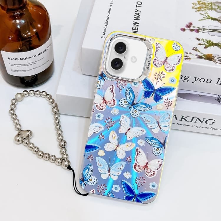 For iPhone 16 Electroplating Laser Butterfly Phone Case with Wrist Strap(Blue Butterflies AB4) - Immagine 1