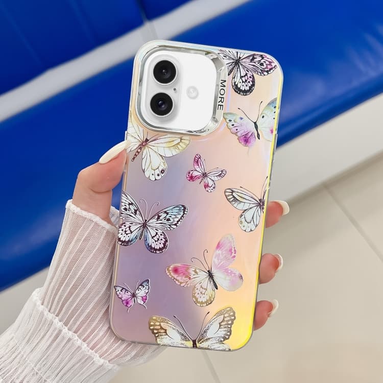 For iPhone 16 Electroplating Laser Butterfly Phone Case(Pink Butterflies AB2) - Immagine 1