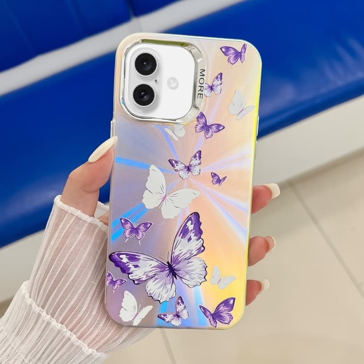 For iPhone 16 Electroplating Laser Butterfly Phone Case(White Purple Butterflies AB6) - Immagine 1