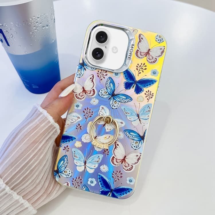 For iPhone 16 Electroplating Laser Butterfly Ring Holder Phone Case(Blue Butterflies AB4) - Immagine 1