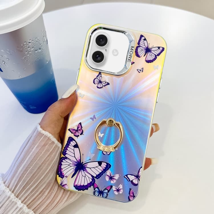 For iPhone 16 Electroplating Laser Butterfly Ring Holder Phone Case(Purple Butterflies AB3) - Immagine 1