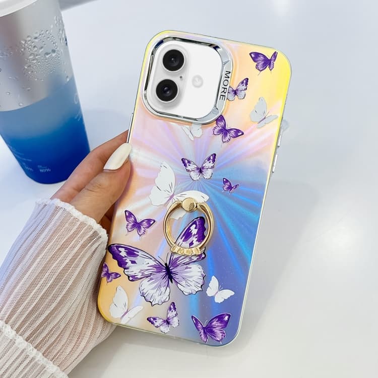 For iPhone 16 Electroplating Laser Butterfly Ring Holder Phone Case(White Purple Butterflies AB6) - Immagine 1