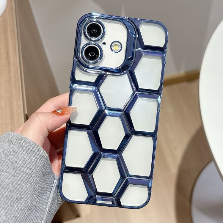 For iPhone 16 Electroplating Laser Engraving 3D Honeycomb Clear TPU Phone Case(Blue) - Immagine 1