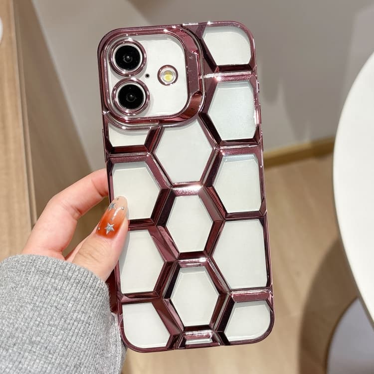 For iPhone 16 Electroplating Laser Engraving 3D Honeycomb Clear TPU Phone Case(Pink) - Immagine 1